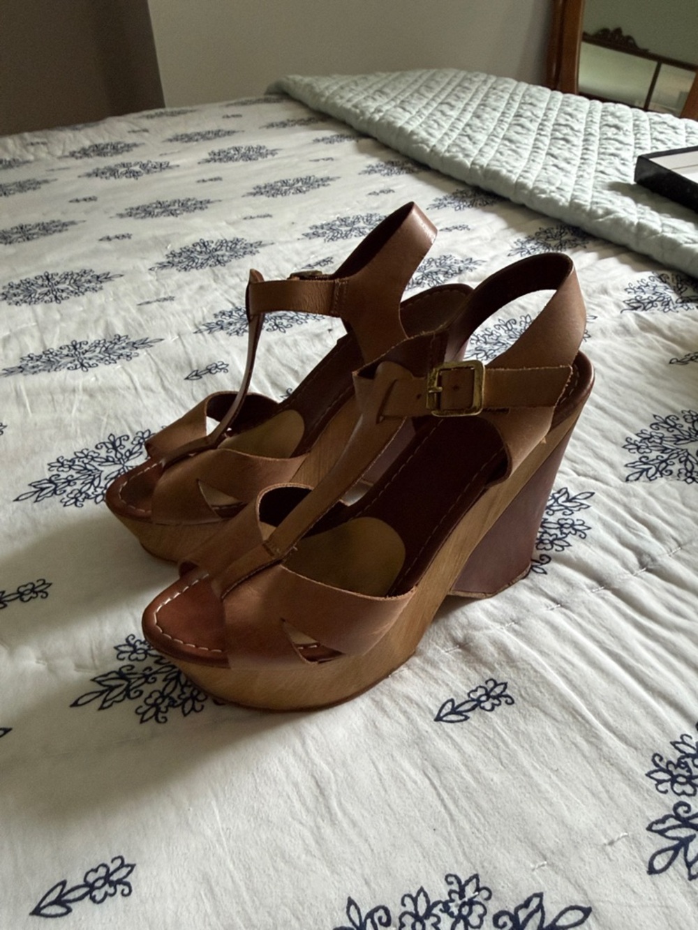 Aldo Brown Leather T-Strap Platform Wedge Sandals